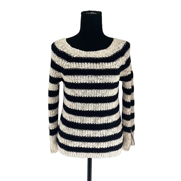 Ann Taylor Womens Stucco Knit Sweater Navy Winter White Stripe Cotton - S - Picture 1 of 10